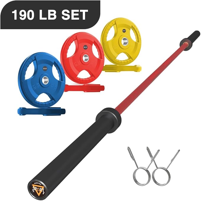 7FT Olympic Barbell Bar with Weight Plate Set Combo, Solid Olympic Bar with Bearings, 700Lbs Capacity Weight Bar for Home Gym Strength Training, Weightlifting, Powerlifting, Fit for 2" Olympic Plates