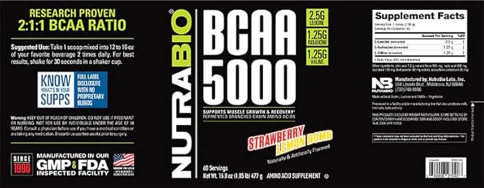 NutraBio BCAA 5000 Powder - Vegan Fermented BCAAs - Supports Lean Muscle Growth, Recovery, Endurance - 60 Servings - Strawberry Lemon Bomb