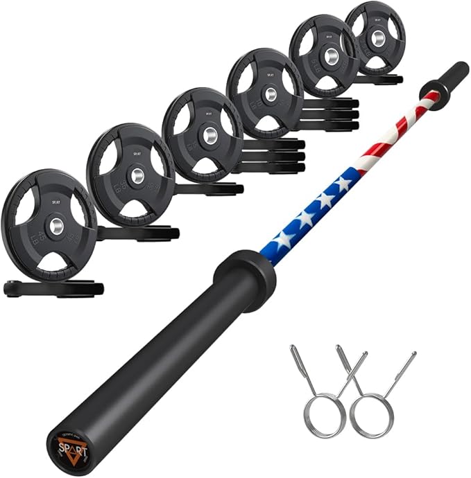 7FT Olympic Barbell Bar with Weight Plate Set Combo, Solid Olympic Bar with Bearings, 700Lbs Capacity Weight Bar for Home Gym Strength Training, Weightlifting, Powerlifting, Fit for 2" Olympic Plates
