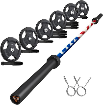 7FT Olympic Barbell Bar with Weight Plate Set Combo, Solid Olympic Bar with Bearings, 700Lbs Capacity Weight Bar for Home Gym Strength Training, Weightlifting, Powerlifting, Fit for 2" Olympic Plates
