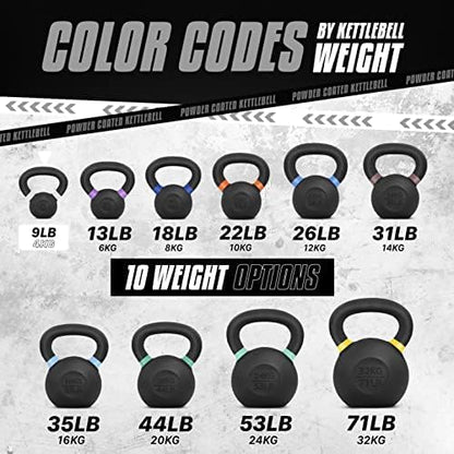 Yes4All Kettlebell, Heavy Duty Powder Coated Cast Iron Kettlebells, Non-Slip Handle & Flat Bottom for Conditioning, Strength Training & Full Body Exercises at Home Gym - Single & Pair