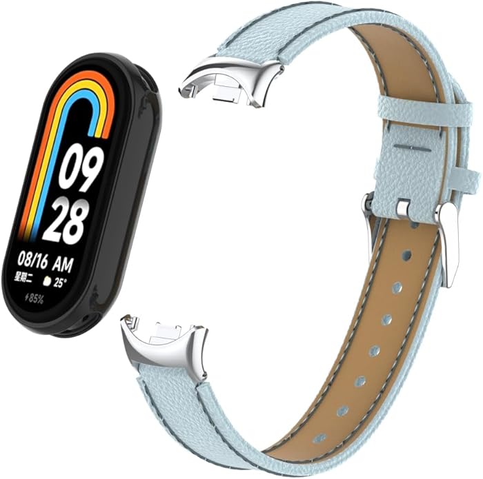 HOPMC Mi Band 8 Fashion Metal Connector Lychee Grain Leather Strap Replacement Wristbands Strap Compatible for Xiaomi Mi Smart Band 8 /8NFC /9/10（Not included Tracker ）