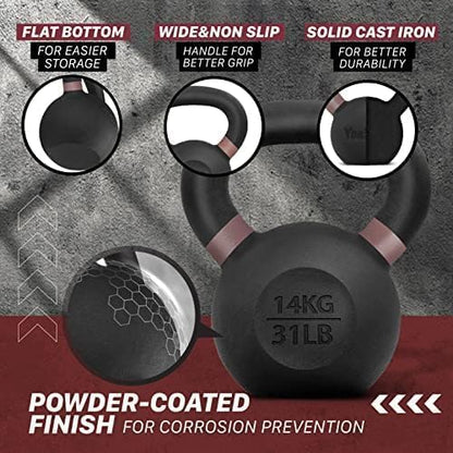 Yes4All Kettlebell, Heavy Duty Powder Coated Cast Iron Kettlebells, Non-Slip Handle & Flat Bottom for Conditioning, Strength Training & Full Body Exercises at Home Gym - Single & Pair
