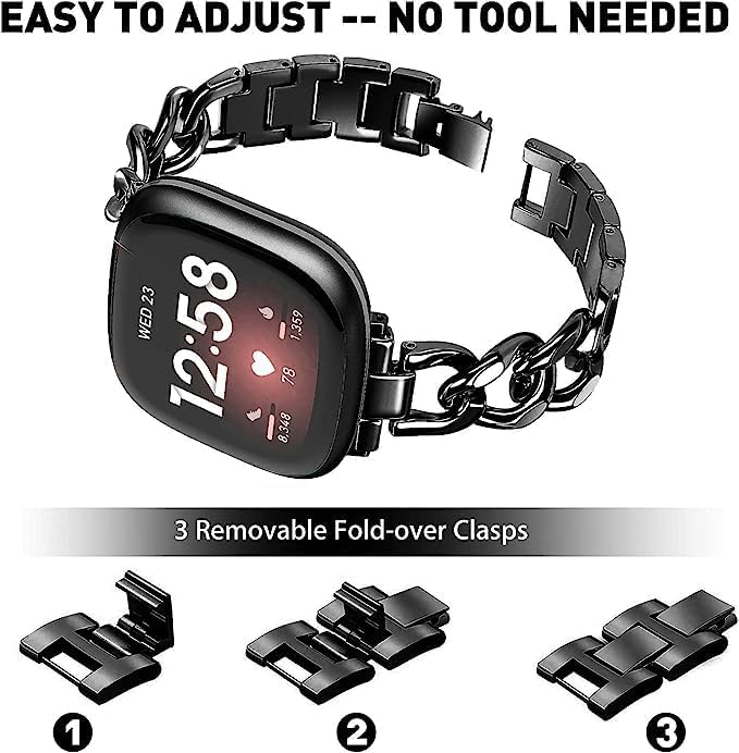 Cool Women Chain Metal Smartwatch Bands Compatible for Fitbit Sense/Fitbit Versa 3 Bands for Dressy Women, Metal Wristband Strap for Fitbit Sense 2/Versa 4 (Black)