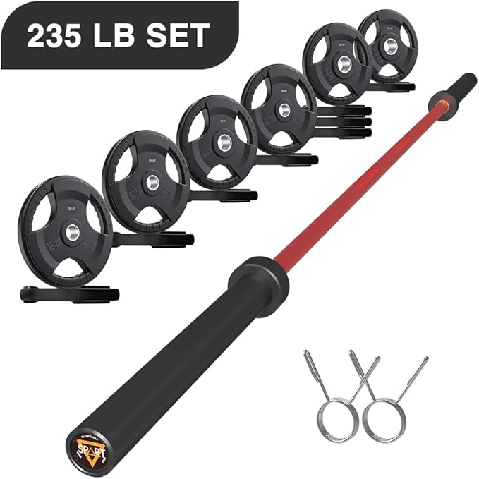7FT Olympic Barbell Bar with Weight Plate Set Combo, Solid Olympic Bar with Bearings, 700Lbs Capacity Weight Bar for Home Gym Strength Training, Weightlifting, Powerlifting, Fit for 2" Olympic Plates