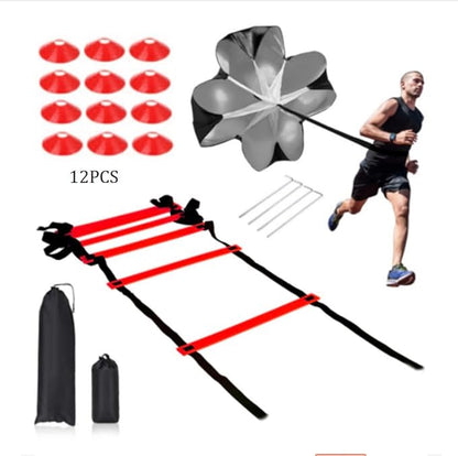 Speed Training Equipment Set, 12 rungs Agility Ladder, 12 Soccer Cones, Jump Rope, Running Parachute, Resistance Bands, Basketball Football Soccer Training Equipment for Kids Youth Adults.