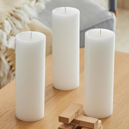 Simply Soson 3x8 inch White Pillar Candles Set of 3, Smooth Texture, Unscented White Candles, Dripless Candles, 3 inch Pillar Candles Ideal as Wedding, Parties, Spas, Dinner, Home Decoration, Church