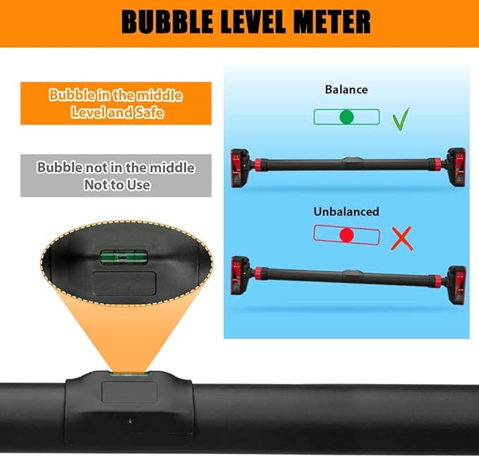 Adjustable Pull Up Bar for Doorway - 440LBS Weight Capacity, No Screws Installation with Level Meter and Auto Lock, Chin Up Bar for Home Gym Strength Training