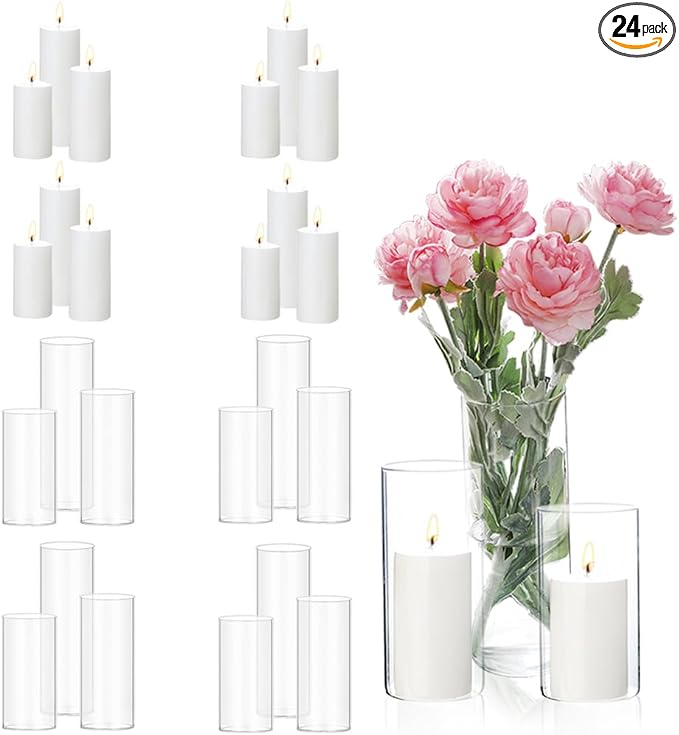24 Pcs White Pillar Candles and Glass Candle Holders, Clear Cylinder Vases Pillar Candle Holders for Pillar Candles, Hurricane Candle Set for Wedding Party, Event, Home Office Decor