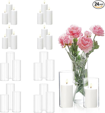 24 Pcs White Pillar Candles and Glass Candle Holders, Clear Cylinder Vases Pillar Candle Holders for Pillar Candles, Hurricane Candle Set for Wedding Party, Event, Home Office Decor