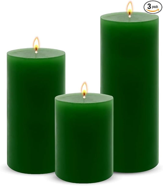 3 Packs Different Size Green Pillar Candles, Unscented Non-Toxic Dripless 3x4, 3x6, 3x8 Inch Solid Colored Cylinder Candles for Wedding, Home Decor, Dinner Table, Party, Power Outage, Emergency