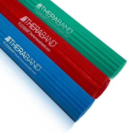 THERABAND FlexBar, Tennis Elbow Therapy Bar, Relieve Tendonitis Pain & Improve Grip Strength, Resistance Bar for Golfers Elbow & Tendinitis, 3 pack, Light-Medium-Heavy, RED/GREEN/BLUE