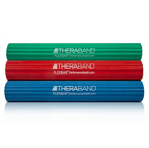 THERABAND FlexBar, Tennis Elbow Therapy Bar, Relieve Tendonitis Pain & Improve Grip Strength, Resistance Bar for Golfers Elbow & Tendinitis, 3 pack, Light-Medium-Heavy, RED/GREEN/BLUE