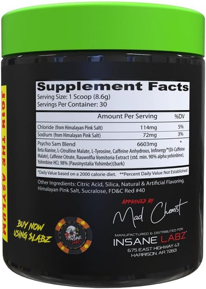 Insane Labz Psycho Sam, High Stimulant Pre Workout Powder, 30 Srvgs (30 Servings (Pack of 1), Watermelon