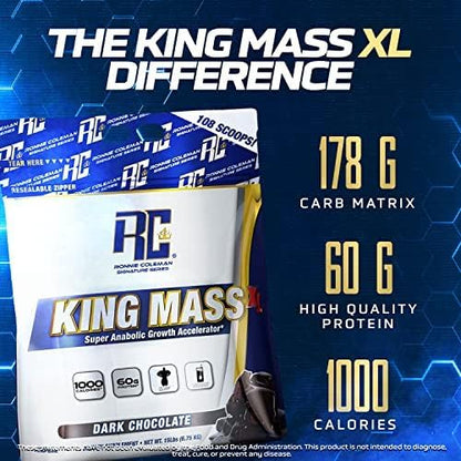 Ronnie Coleman Signature Series King Mass XL Protein Powder, Weight and Muscle Gainer, 60g Protein, 180g Carbohydrates, 1,000+ Calories Per Serving, Creatine and Glutamine (20lb, Dark Chocolate)