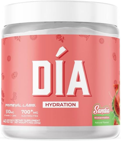 Primeval Labs Dia Hydration Electrolyte Powder | Vitamin C + Zinc, Taurine & Electrolytes | Low Sugar Daily Hydration Drink | 40 Serving Tubs | Sandia