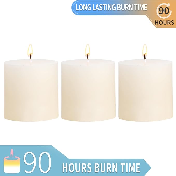 3×3 Ivory Pillar Candles Set of 3 Unscented Handpoured Weddings, Home Decoration, Restaurants, Spa, Church Smokeless Cotton Wick - Ivory 90 Hour