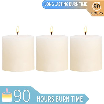 3×3 Ivory Pillar Candles Set of 3 Unscented Handpoured Weddings, Home Decoration, Restaurants, Spa, Church Smokeless Cotton Wick - Ivory 90 Hour