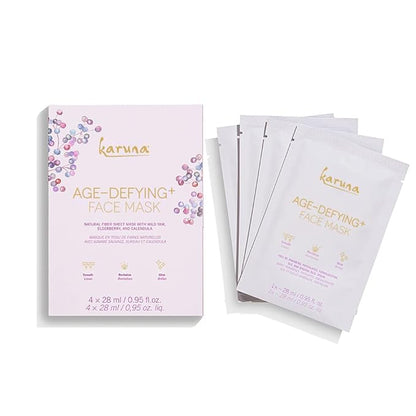 Karuna Skin - Age-Defying+ Face Masks for Dry, Mature Skin, Rejuvenating & Nourishing Sheet Masks Skincare Essential, Facial Mask with Elderberry, Calendula & Wild Yam, 4 Sheets per Pack