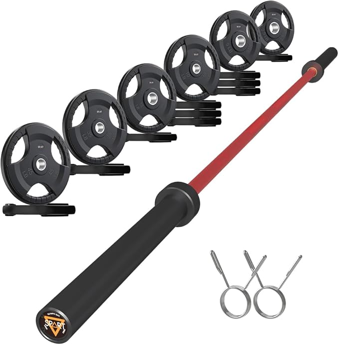 7FT Olympic Barbell Bar with Weight Plate Set Combo, Solid Olympic Bar with Bearings, 700Lbs Capacity Weight Bar for Home Gym Strength Training, Weightlifting, Powerlifting, Fit for 2" Olympic Plates
