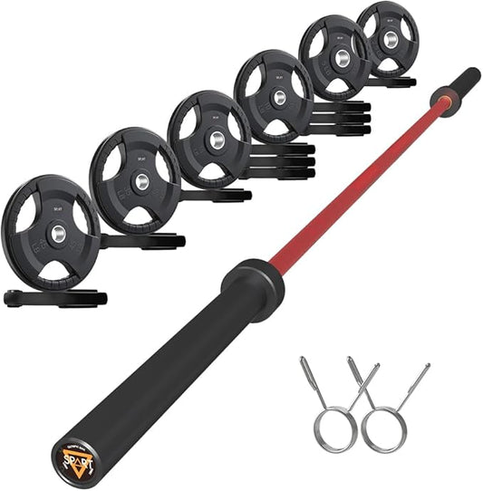 7FT Olympic Barbell Bar with Weight Plate Set Combo, Solid Olympic Bar with Bearings, 700Lbs Capacity Weight Bar for Home Gym Strength Training, Weightlifting, Powerlifting, Fit for 2" Olympic Plates