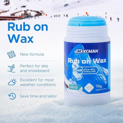 XCMAN Rub on Quick Wax for Ski/Snowboard/Nordic/Cross-Country with Easy cork applicator 70g, Universal Wax for Most Temperature, New Formula Snowboard Wax PFAS-free
