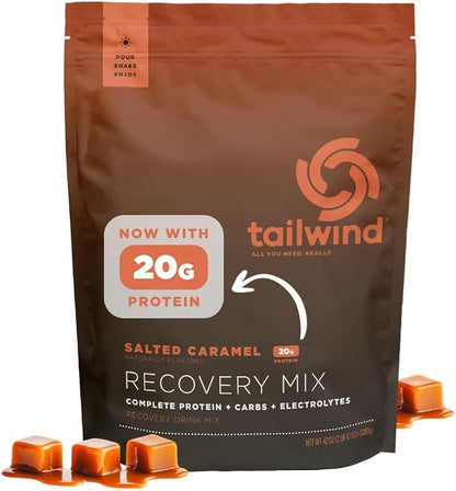 Tailwind Nutrition Recovery Mix, 20 Grams Complete Protein, Carbohydrates, and Electrolytes Powder Drink Mix for Post-Workout, Free of Gluten, Soy, and Dairy, Vegan, 20 Servings, Salted Caramel