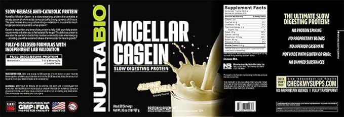 NutraBio Casein Protein Powder, Micellar Casien Powder, 25g Slow Digesting Protein, Helps Keep You Full, Overnight Muscle Recovery & Growth, BCAA & EAA, Gluten Free, Soy Free, 2lb Vanilla