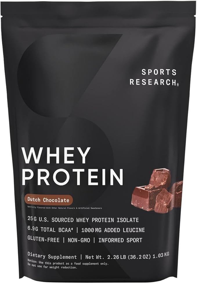 Sports Research Whey Protein Isolate - Sports Nutrition Protein Powder 25g per Scoop - 2lb Bag Whey Protein - Dutch Chocolate Bulk Protein Powder, 25 Servings