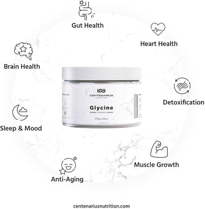 Glycine Powder 250g | Non-Essential Amino Acids Supplement for Post Workout Muscle Recovery, Digestion, Sleep Aid + More - Vegan, Additive-Free, Third-Party Tested | Centenarius Nutrition