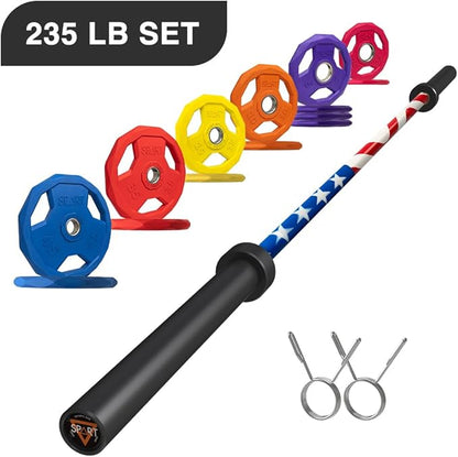 7FT Olympic Barbell Bar with Weight Plate Set Combo, Solid Olympic Bar with Bearings, 700Lbs Capacity Weight Bar for Home Gym Strength Training, Weightlifting, Powerlifting, Fit for 2" Olympic Plates