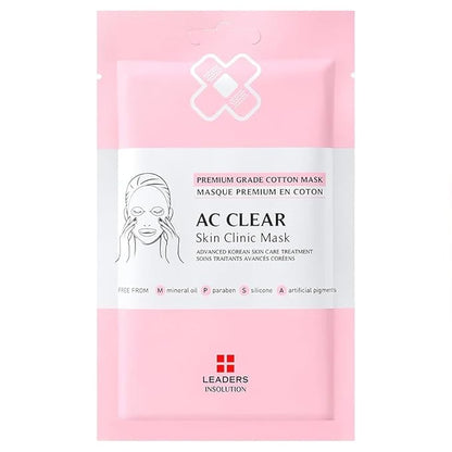 Leaders Insolution AC Clear Skin Clinic Mask | Snail Secretion & Tea Tree Oil for Acne, Redness, Oil Control | 100% Cotton Bemliese Sheet | Balances & Soothes Sensitive Skin (5 Sheets)