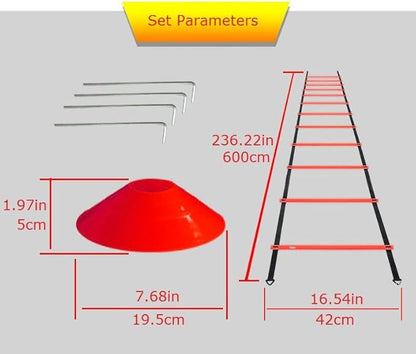 Speed Training Equipment Set, 12 rungs Agility Ladder, 12 Soccer Cones, Jump Rope, Running Parachute, Resistance Bands, Basketball Football Soccer Training Equipment for Kids Youth Adults.