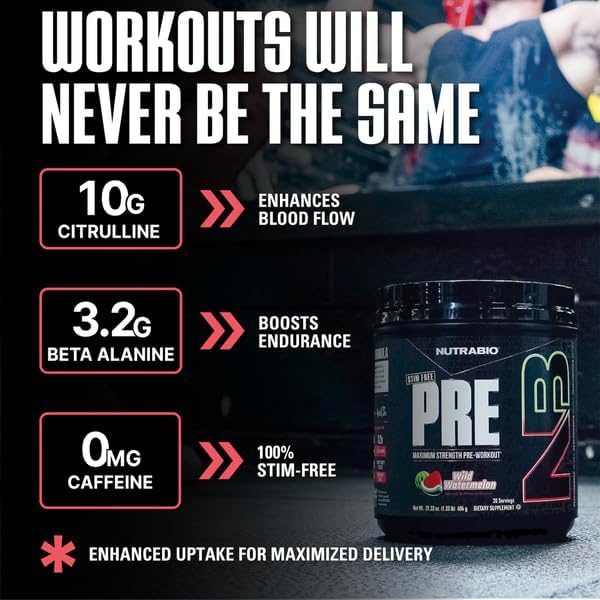 NutraBio STIM-Free PRE Workout for Men, New Formula | Laser Focus, Extreme Pumps | Performance, Endurance | 10g Citrulline, Beta Alanine, Nitrates, Nootropics, Electrolytes - 20 Servings Watermelon