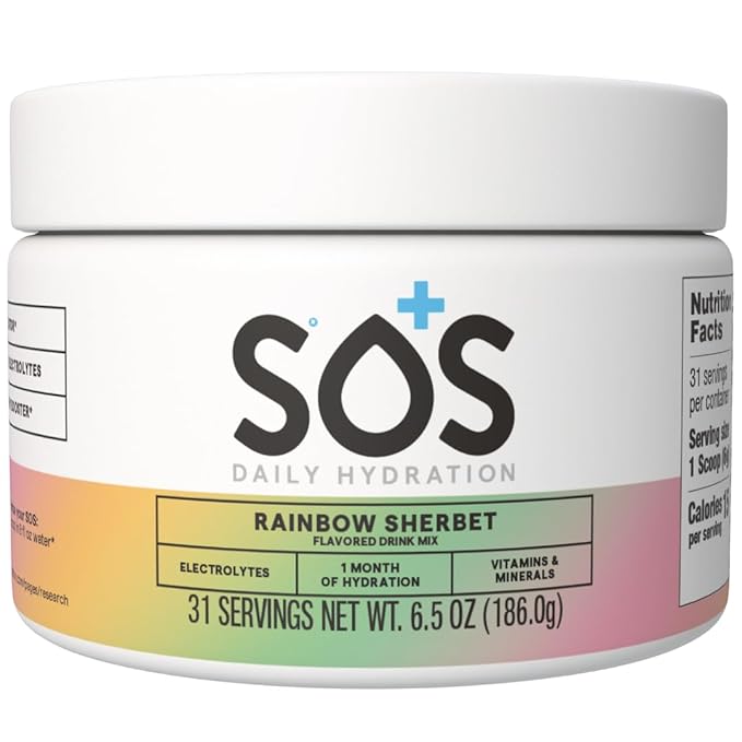 SOS Hydration Electrolyte Drink Mix (31 Servings) – Low Sugar, 15 Calorie, Keto-Friendly & Rapid Rehydration (31 Servings, Rainbow Sherbert)