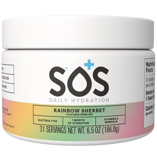 SOS Hydration Electrolyte Drink Mix (31 Servings) – Low Sugar, 15 Calorie, Keto-Friendly & Rapid Rehydration (31 Servings, Rainbow Sherbert)