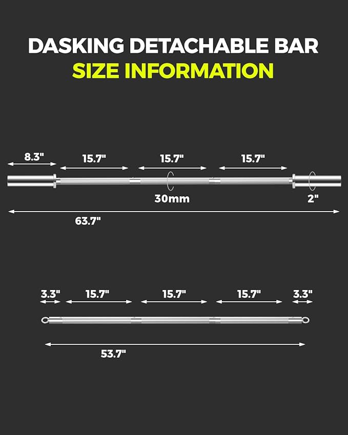 DASKING 4ft/4.9ft Barbell, 2-Inch Olympic Detachable Bar, Portable Strength Training Bar for Weightlifting, Squat, Bench Press, Home Gym, 450LBS, Includes Silent Collars