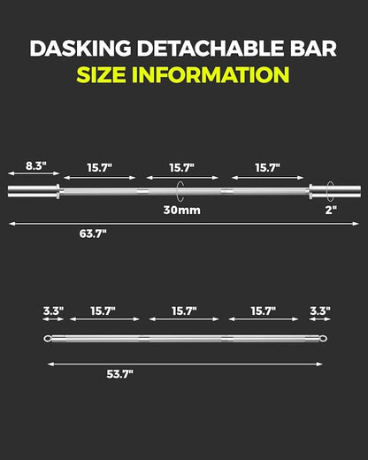 DASKING 4ft/4.9ft Barbell, 2-Inch Olympic Detachable Bar, Portable Strength Training Bar for Weightlifting, Squat, Bench Press, Home Gym, 450LBS, Includes Silent Collars