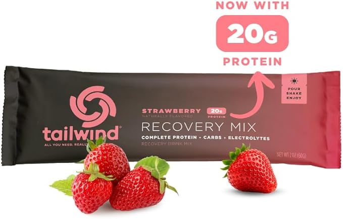 Tailwind Nutrition Recovery Mix, 20 Grams Complete Protein, Carbohydrates, and Electrolytes Powder Drink Mix for Post-Workout, Free of Gluten, Soy, and Dairy, Vegan, 12 Servings, Strawberry