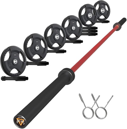 7FT Olympic Barbell Bar with Weight Plate Set Combo, Solid Olympic Bar with Bearings, 700Lbs Capacity Weight Bar for Home Gym Strength Training, Weightlifting, Powerlifting, Fit for 2" Olympic Plates