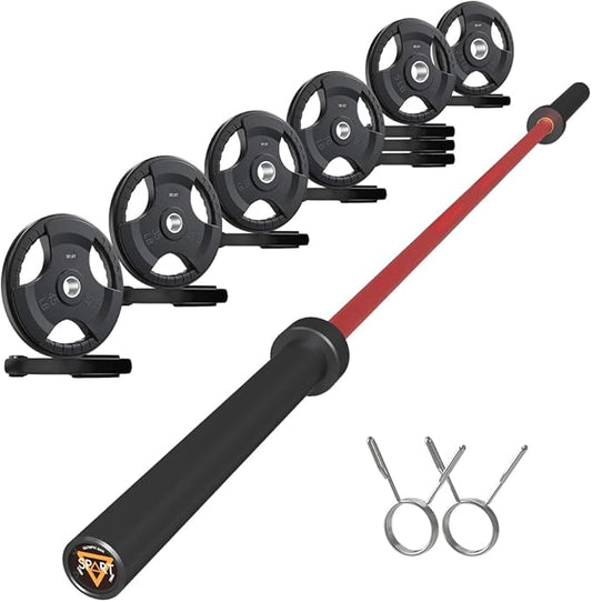 7FT Olympic Barbell Bar with Weight Plate Set Combo, Solid Olympic Bar with Bearings, 700Lbs Capacity Weight Bar for Home Gym Strength Training, Weightlifting, Powerlifting, Fit for 2" Olympic Plates
