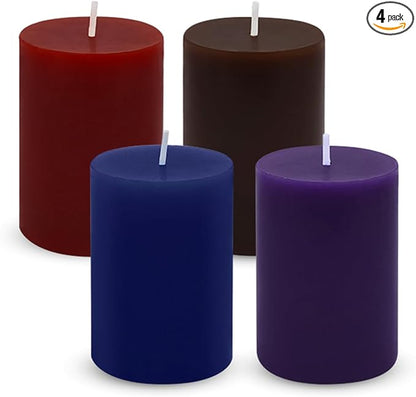 Set of 3 2x3 Inch Mix Colored Pillar Candles, Unscented Dripless Small Red, Brown, Purple and Navy Blue Cylinder Wax Candles for Home Power Outage Dinner Table Decoration - 24 Hours Burn