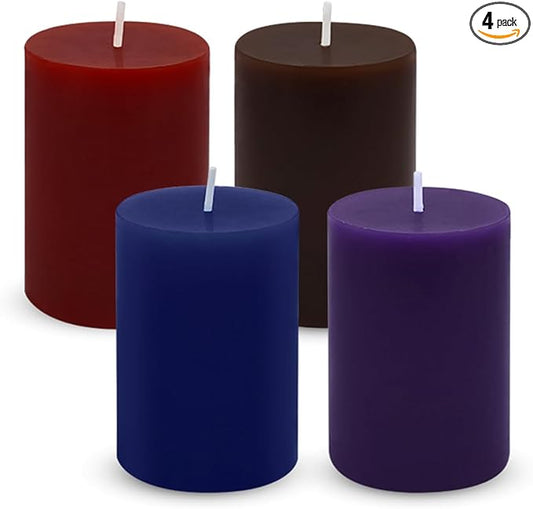Set of 3 2x3 Inch Mix Colored Pillar Candles, Unscented Dripless Small Red, Brown, Purple and Navy Blue Cylinder Wax Candles for Home Power Outage Dinner Table Decoration - 24 Hours Burn