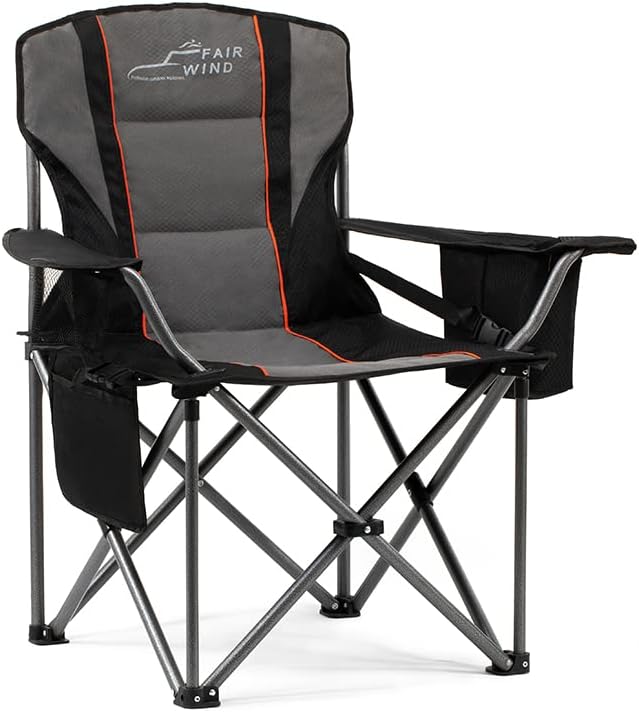 FAIR WIND Oversized Fully Padded Camping Chair with Lumbar Support, Heavy Duty Quad Fold Chair with Cooler Bag, Support 450 LBS, Black