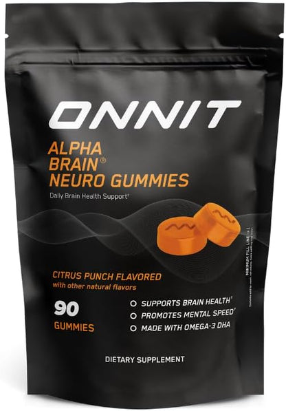 ONNIT Alpha Brain Neuro Focus Gummies - Vegan Gummies with Omega-3s, Lutein, Zeaxanthin & Caffeine - Brain, Eye & Focus Supplement for Men & Women?? Citrus Punch Flavor, 90 Count