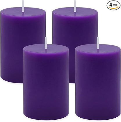 4 Packs 2x3 Inch Unscented Purple Pillar Candles, Small Dripless 24 Hours Solid Colored Column Cylinder Candles for Home Dinner Table Relaxation Spa Decoration