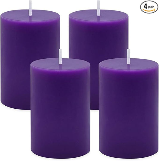 4 Packs 2x3 Inch Unscented Purple Pillar Candles, Small Dripless 24 Hours Solid Colored Column Cylinder Candles for Home Dinner Table Relaxation Spa Decoration