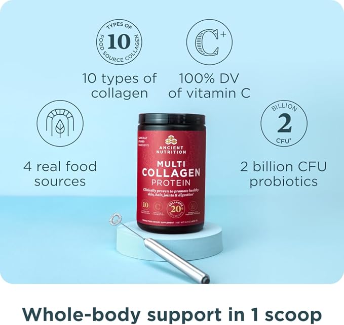 Ancient Nutrition Collagen Powder Protein with Probiotics, Unflavored Multi Collagen Protein with Vitamin C, 45 Servings, Hydrolyzed Collagen Peptides Supports Skin and Nails, Gut Health, 16oz