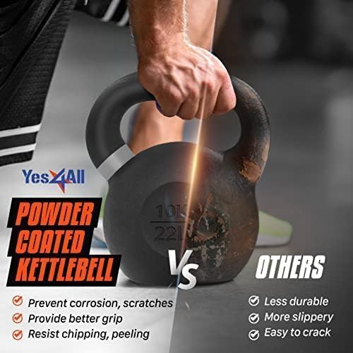 Yes4All Kettlebell, Heavy Duty Powder Coated Cast Iron Kettlebells, Non-Slip Handle & Flat Bottom for Conditioning, Strength Training & Full Body Exercises at Home Gym - Single & Pair