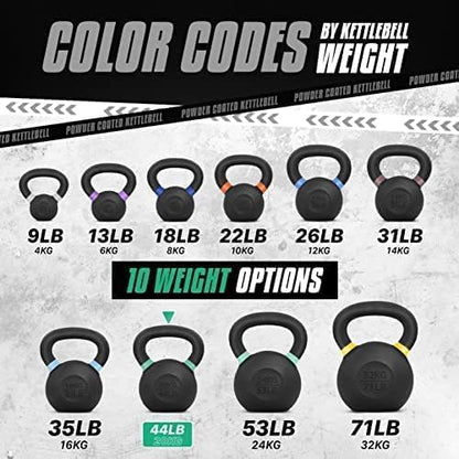 Yes4All Kettlebell, Heavy Duty Powder Coated Cast Iron Kettlebells, Non-Slip Handle & Flat Bottom for Conditioning, Strength Training & Full Body Exercises at Home Gym - Single & Pair